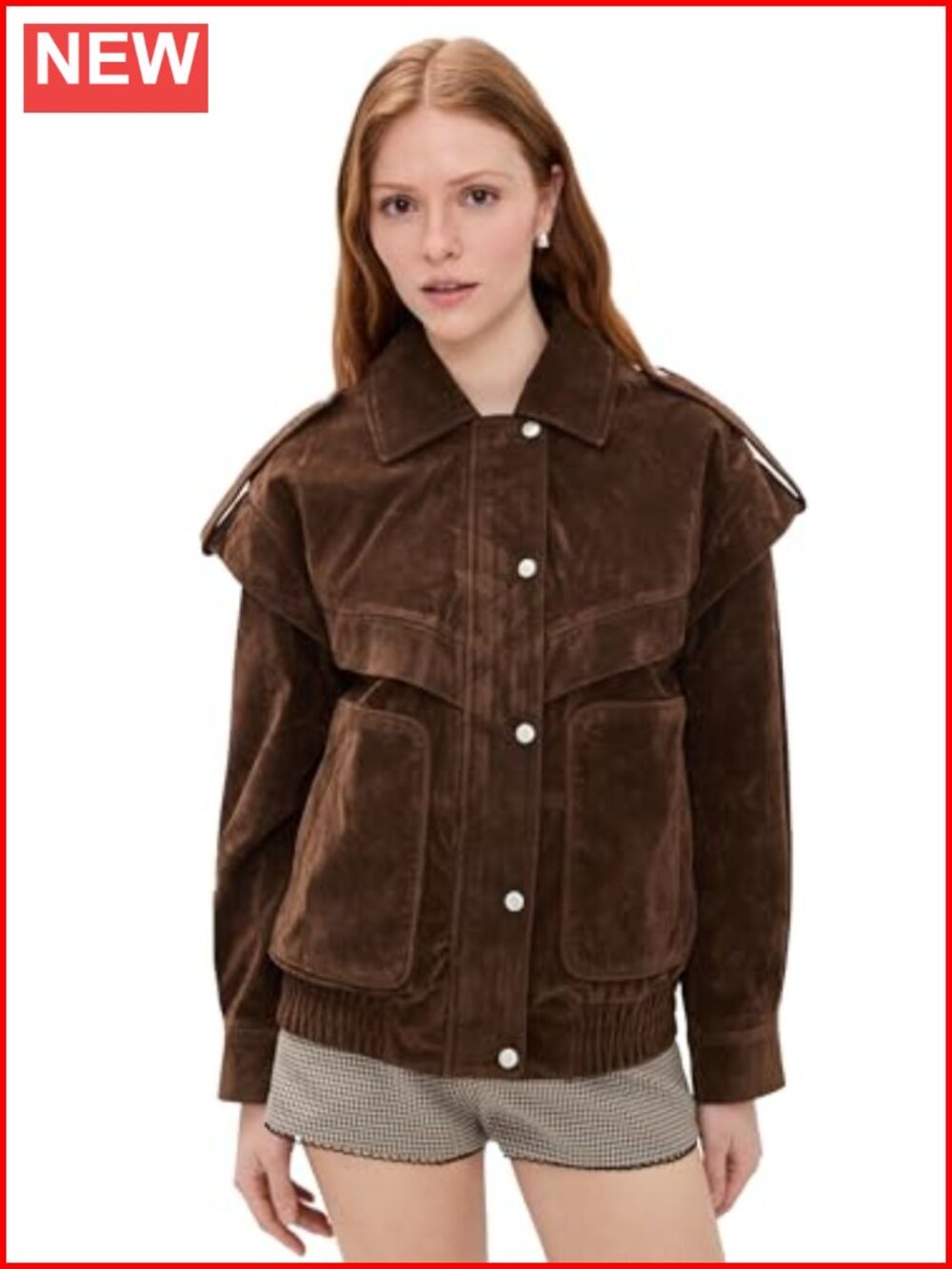 Women's Collared Bomber Jacket Faux Suede Patch Pockets